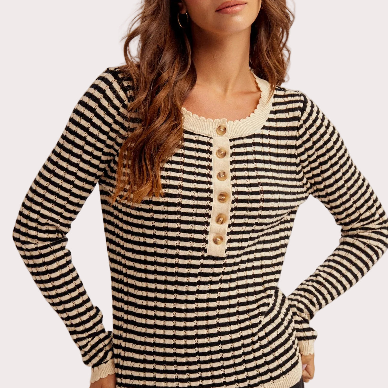 Pointelle Stripe Knit Henley Top