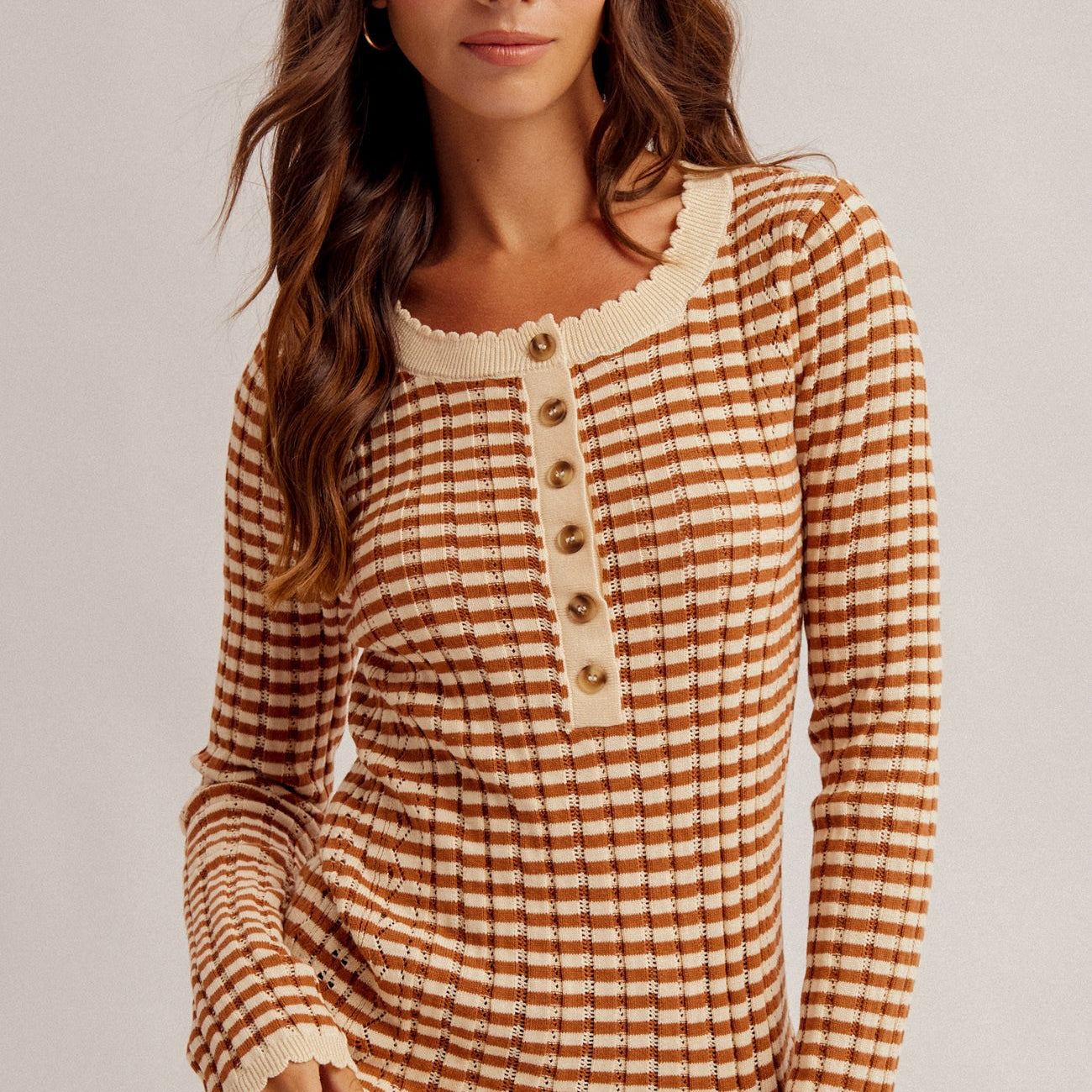 Pointelle Stripe Knit Henley Top
