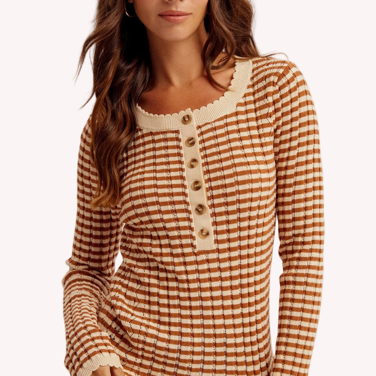 Pointelle Stripe Knit Henley Top