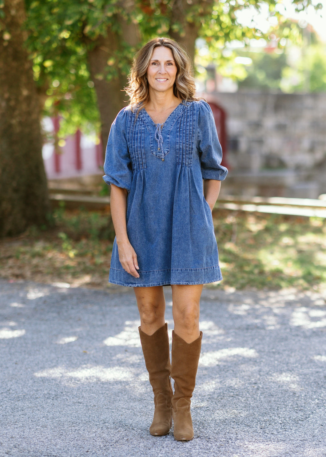 Pleated Denim Dress